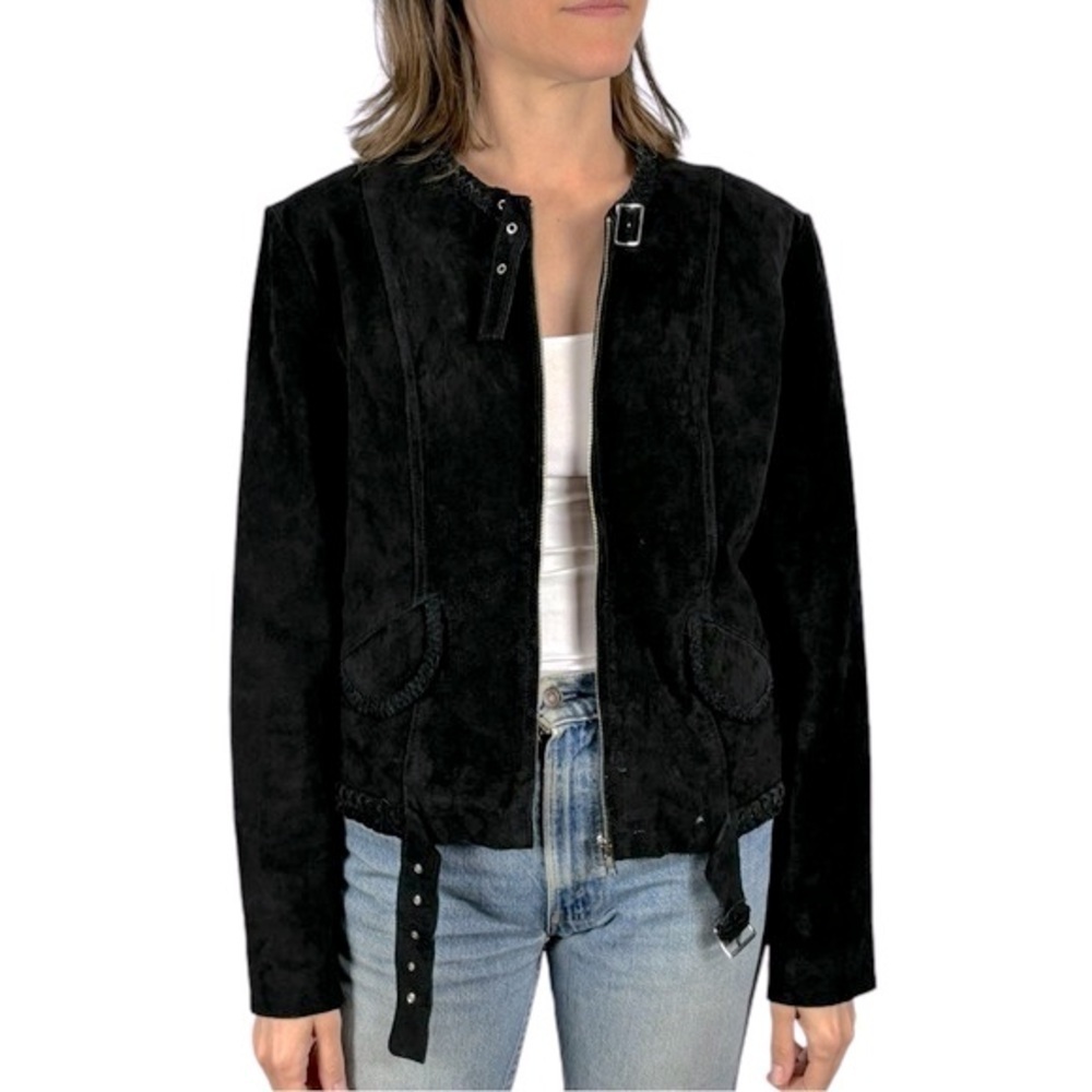 METRO STYLE Y2K SUEDE BLACK LEATHER BRAIDED COLLARLESS MOTO BIKER JACKET